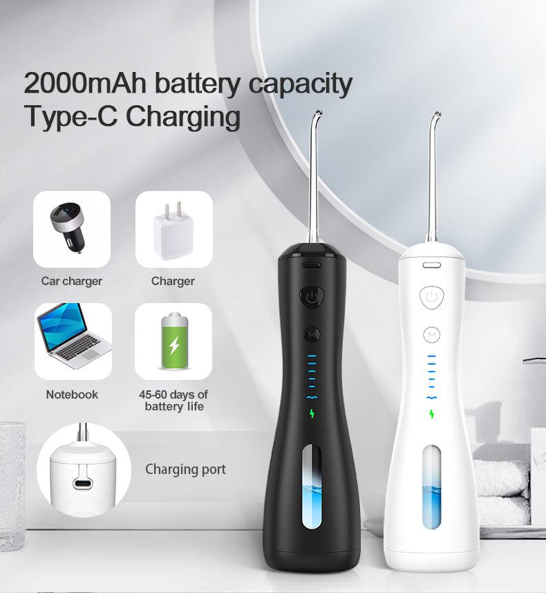 CE/FCC/ROHS certified oral irrigator shown with documentation and export-ready label.