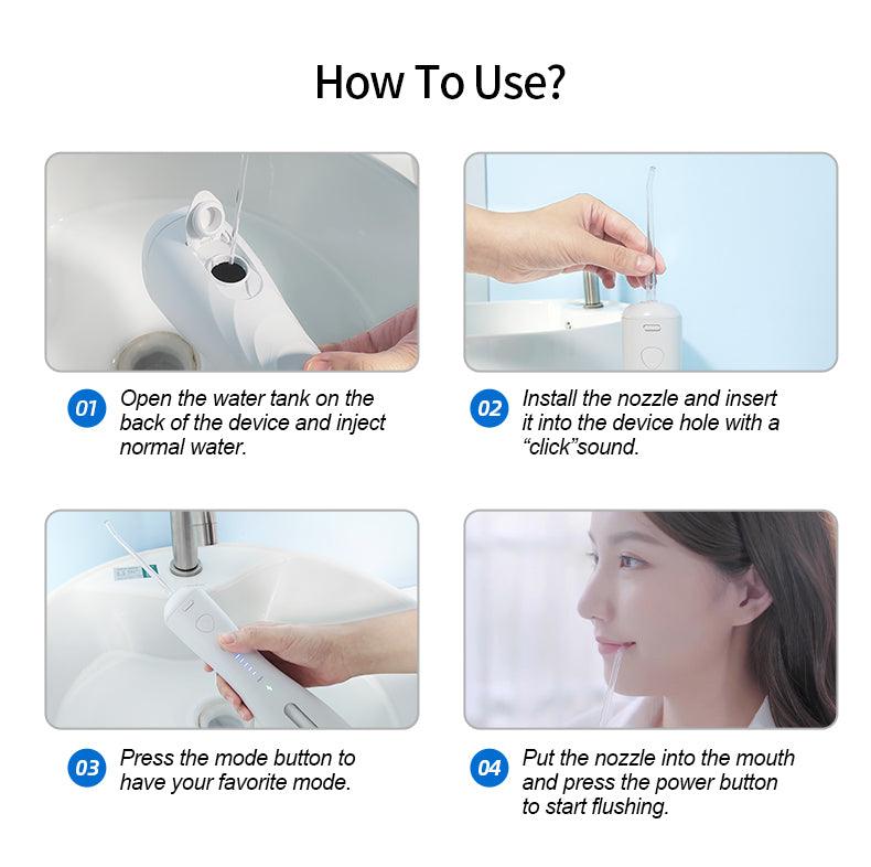 Oral irrigator with transparent tank and magnetic charging base for convenient daily use.